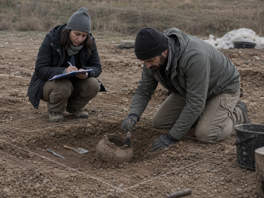 Two archaeologists brushing and documenting a buried vessel