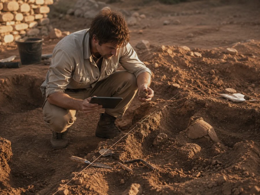 Field researcher recording a find on a tablet at golden hour