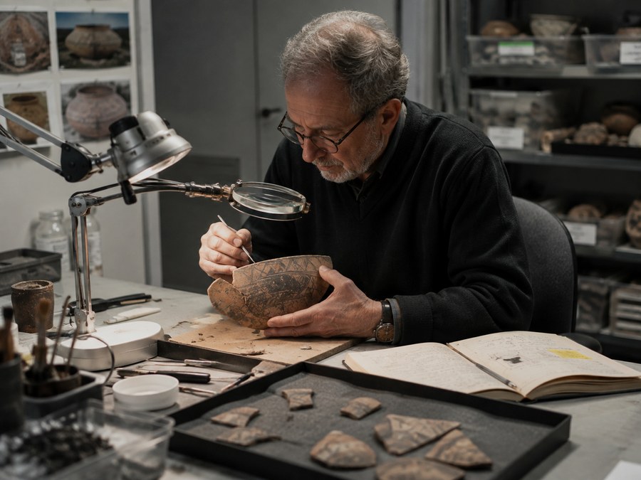 Specialist examining a painted ceramic bowl under a magnifier