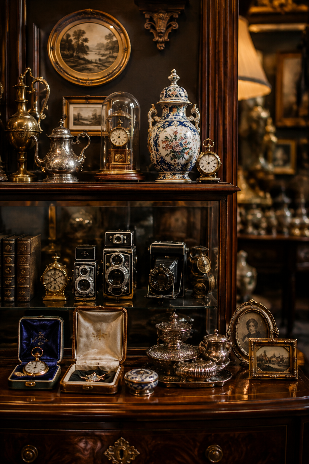 Antique showroom cabinet with brass teapots, porcelain vase, vintage cameras and pocket watches