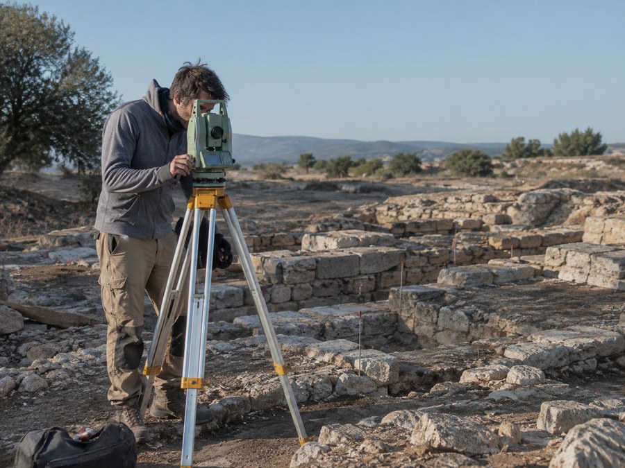 Archaeologist using a total station survey instrument at an excavation site
