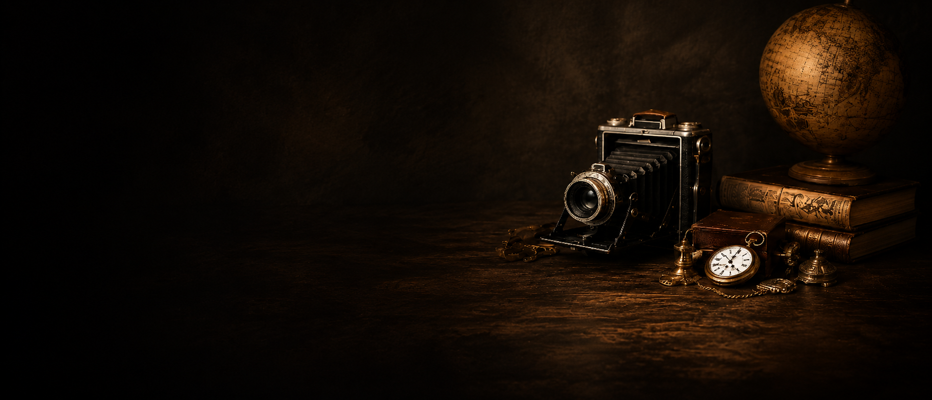 Vintage folding camera, pocket watch, leather books, brass candlesticks and a globe on a dark wooden table