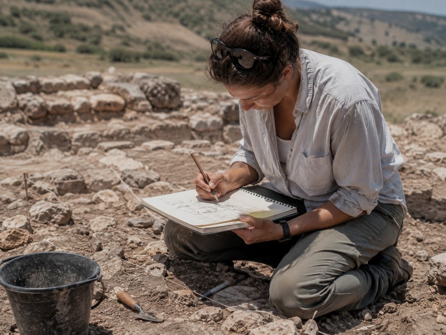 Archaeologist sketching site plans in a notebook at a dig
