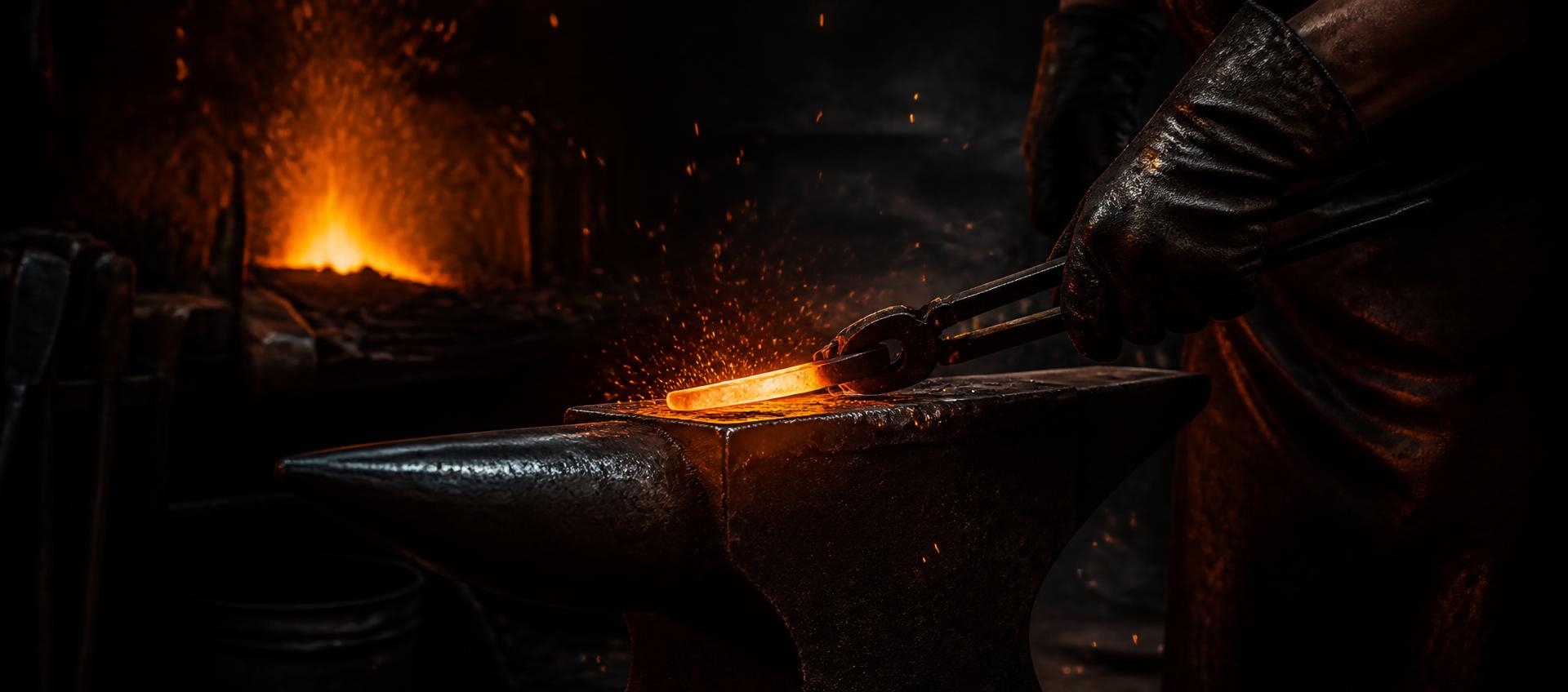Blacksmith forging hot metal with flying sparks in a dark forge